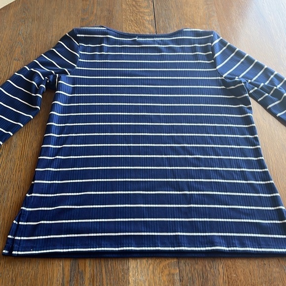 Liz Claiborne Ribbed Knit Pull Over Navy White Stripes Buttons on Sleeve Size M - Picture 9 of 11